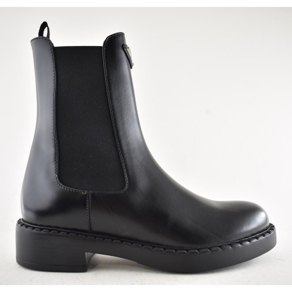 Prada Chocolate Brushed Leather Black Pull On Chelsea Ankle Mid Calf Boot 38.5 - Picture 2 of 16